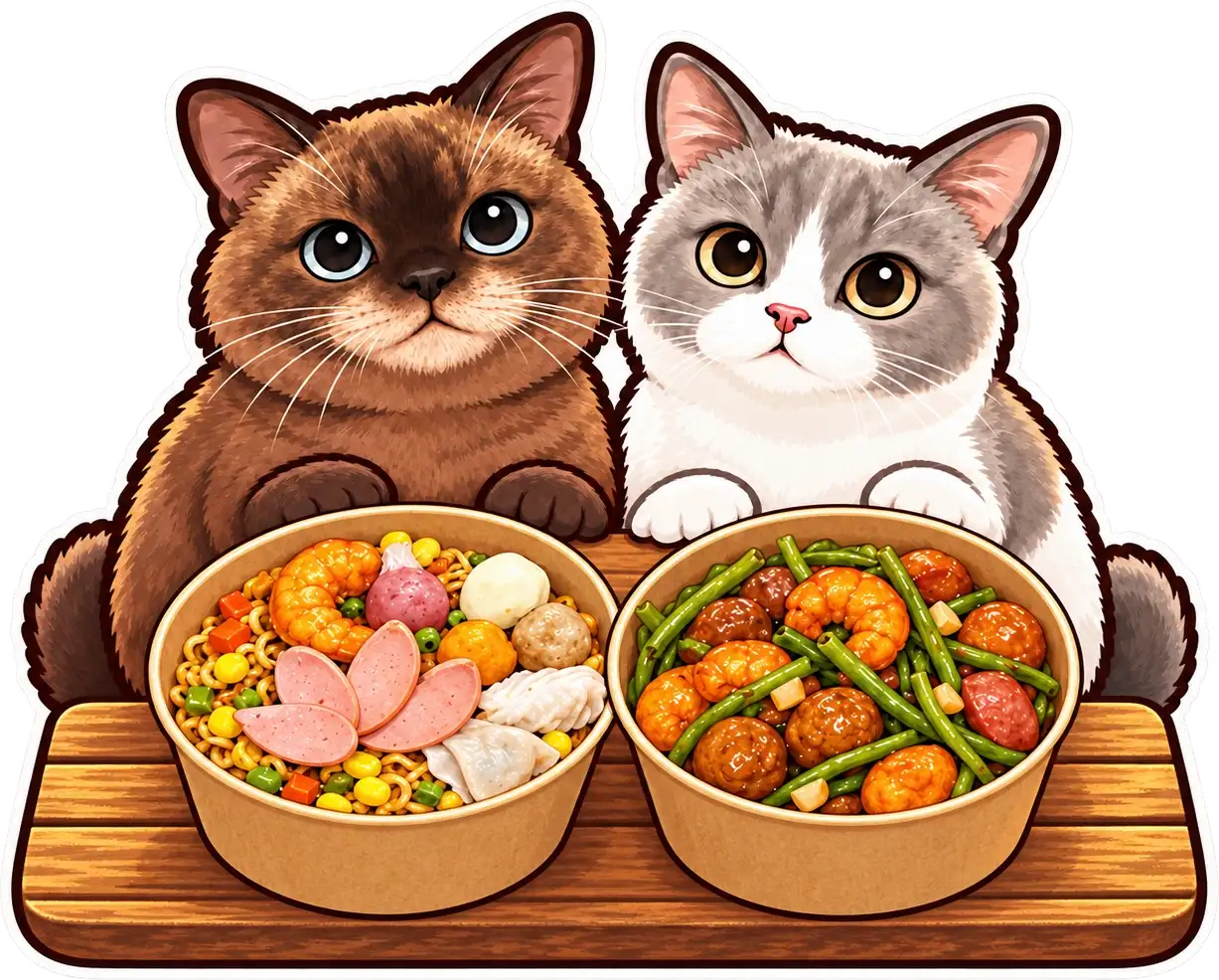 Hai chú mèo NaChaGo ngồi sau quầy gỗ với một bát mì trộn và một bát cá viên chiên mắm rau muống